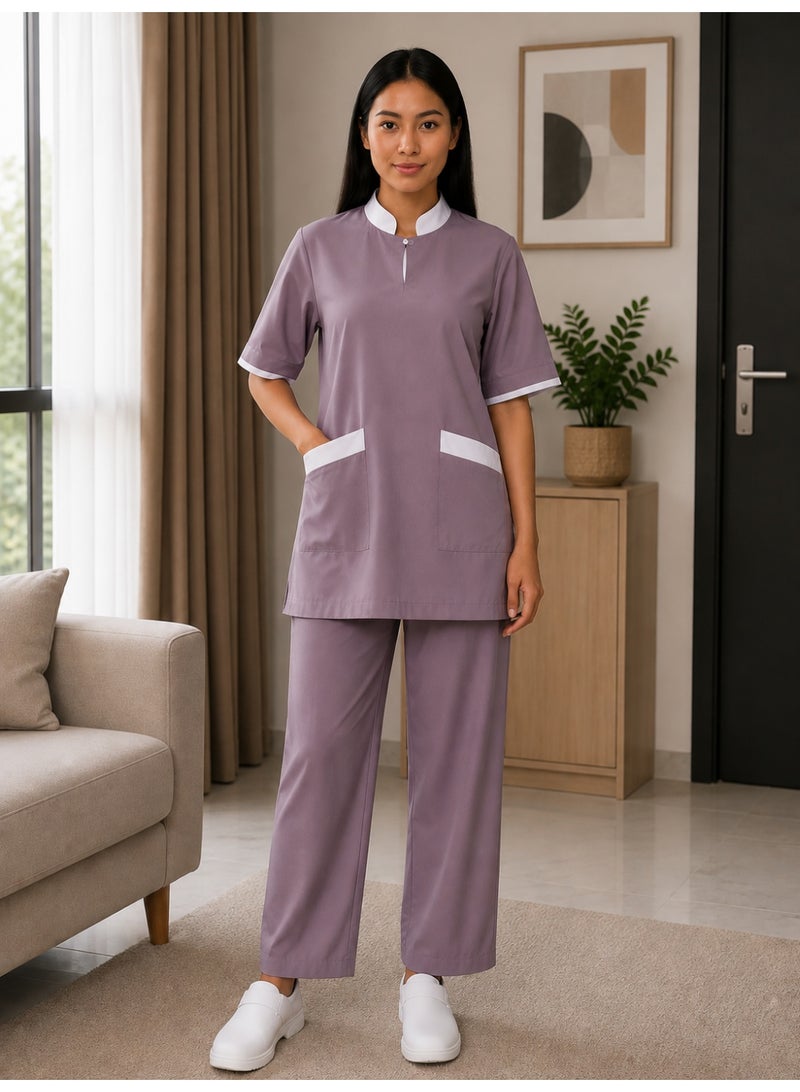 Domestic Worker Uniform Set – Dusty Mauve & White | Elegant Daily
