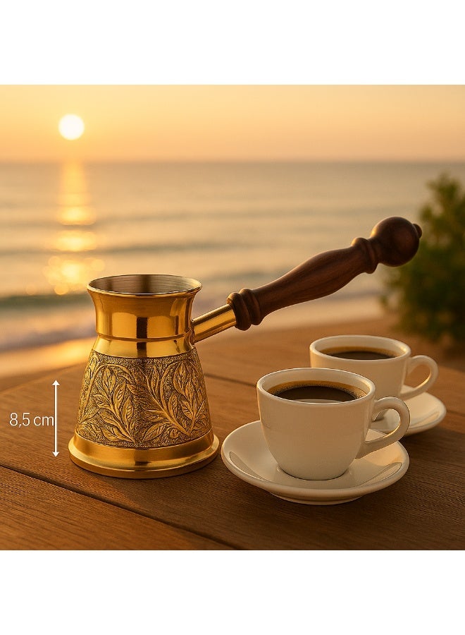 Dania ☕ Premium Golden Turkish Coffee Pot 🇮🇳 – 200 ml Capacity, Single Cup 🥄 Height 8.5 cm ✨ Hand-Engraved Design with Elegant Wooden Handle 🌿 - Image 1