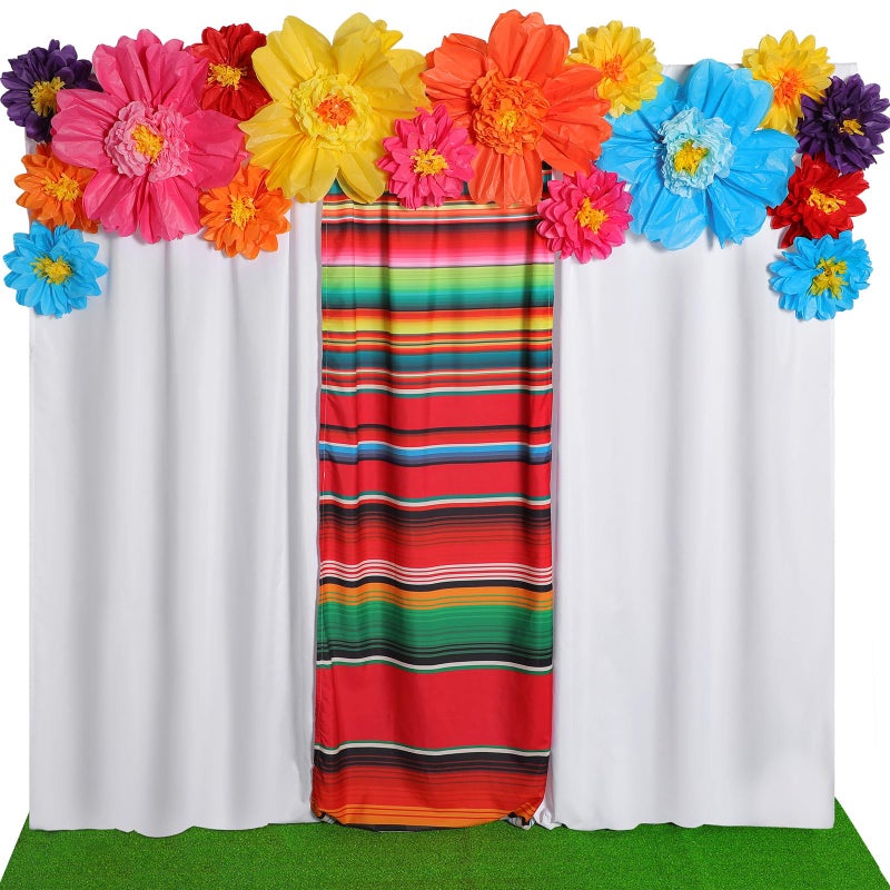 Tingjoo 19 Pcs Mexican Fiesta Decorations Set Mexican Paper Flowers Polyester Backdrop Curtains Backdrop Fiesta Party Decorations Supplies Set for Cinco De Mayo Party Wedding Birthday WhiteFlower - Image 2