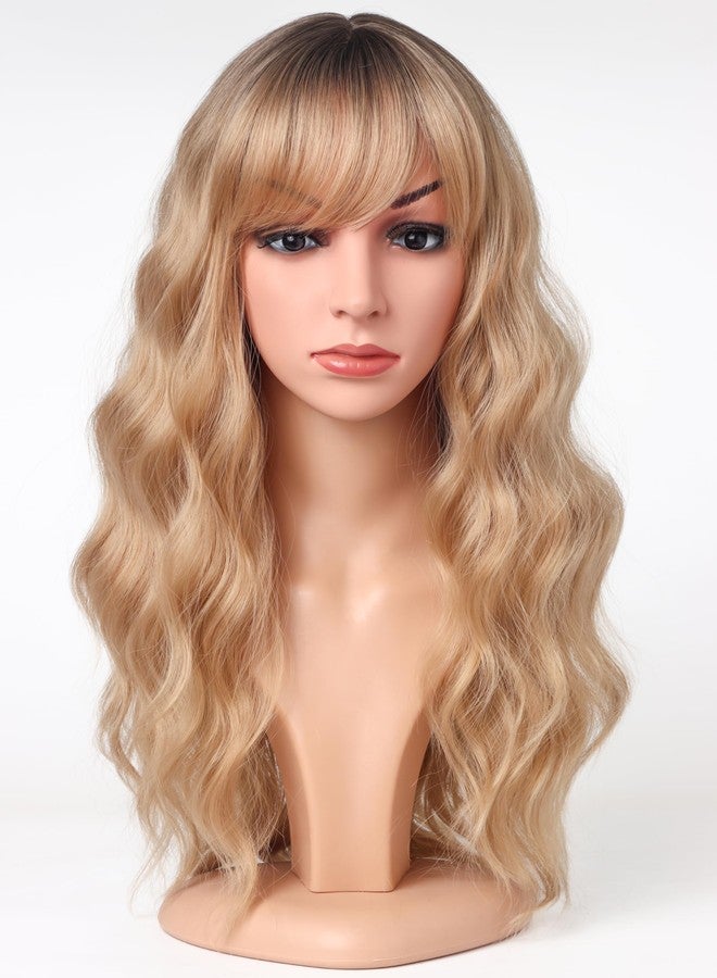 SYMEIW Medium Long Blonde Wavy Wigs For Women Synthetic Full Hair Blonde Wigs With Bangs For Daily Use (Blonde), 18 Inch - Image 1