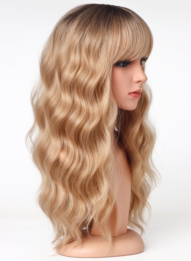 SYMEIW Medium Long Blonde Wavy Wigs For Women Synthetic Full Hair Blonde Wigs With Bangs For Daily Use (Blonde), 18 Inch - Image 3