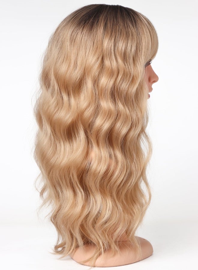 SYMEIW Medium Long Blonde Wavy Wigs For Women Synthetic Full Hair Blonde Wigs With Bangs For Daily Use (Blonde), 18 Inch - Image 4