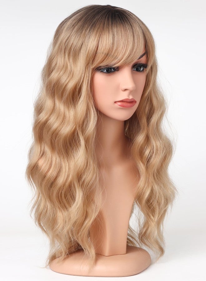SYMEIW Medium Long Blonde Wavy Wigs For Women Synthetic Full Hair Blonde Wigs With Bangs For Daily Use (Blonde), 18 Inch - Image 2