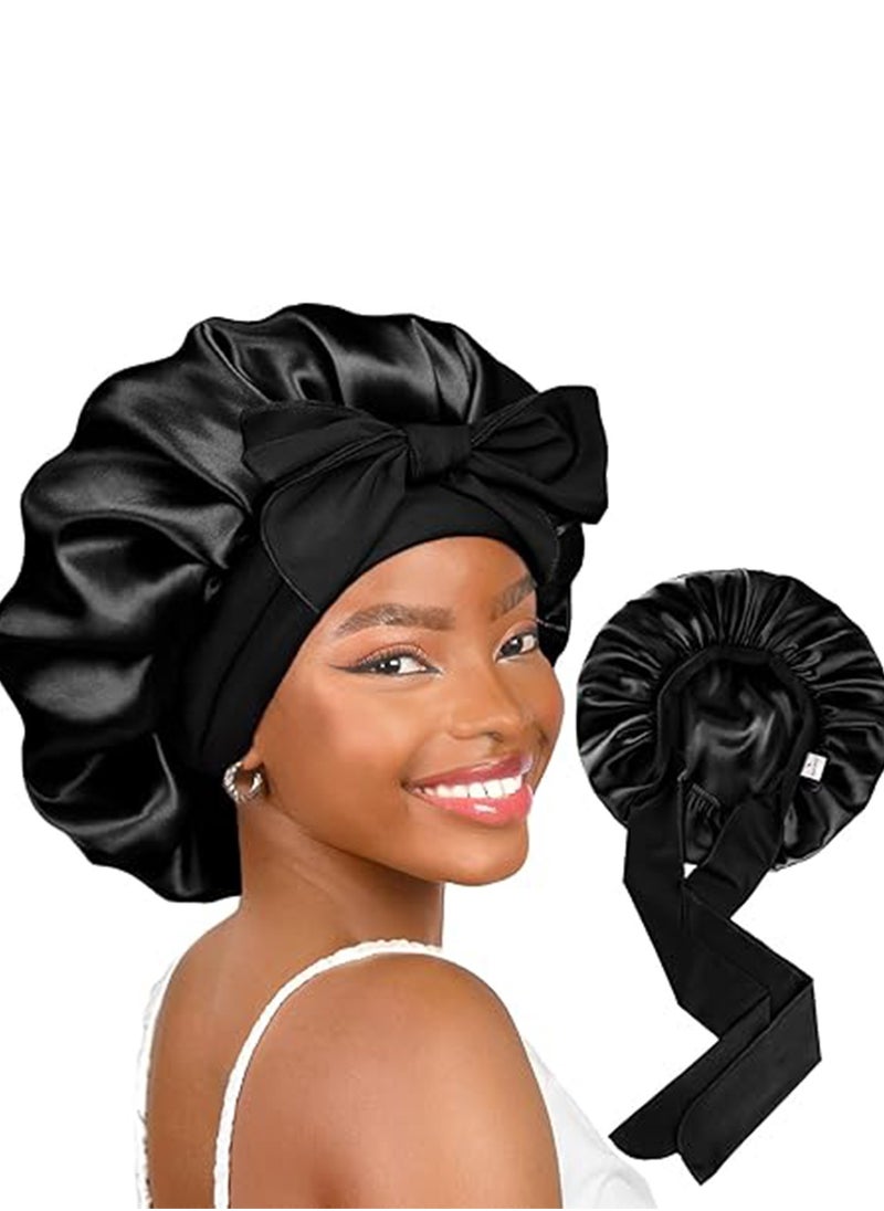 HANAMICHI Satin Soft Bonnet Women's Satin Round Bow Bonnet for Curly Hair Perfectly Protects Hair and Brings Ultimate Comfort during Sleep (Black)  - Image 1