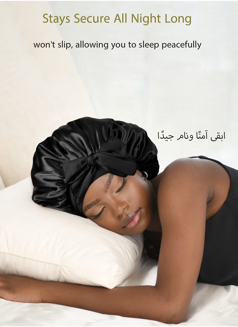 HANAMICHI Satin Soft Bonnet Women's Satin Round Bow Bonnet for Curly Hair Perfectly Protects Hair and Brings Ultimate Comfort during Sleep (Black)  - Image 2