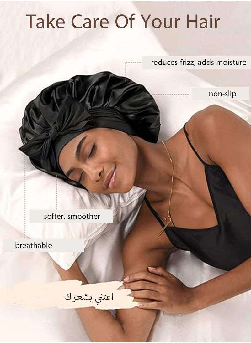 HANAMICHI Satin Soft Bonnet Women's Satin Round Bow Bonnet for Curly Hair Perfectly Protects Hair and Brings Ultimate Comfort during Sleep (Black)  - Image 4