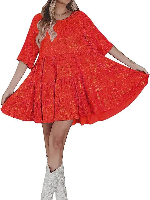 Womens High-end Foreign Trade Fashion Sequin Round Neck Looser Waist Tea Break French dress Fairy Dress Red