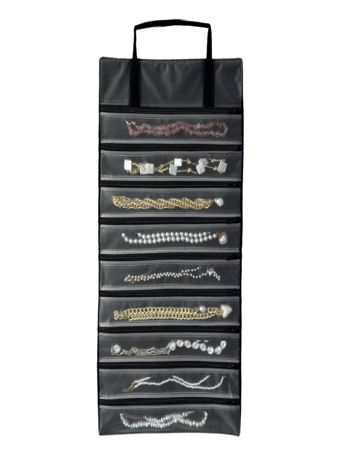 UnionPlus Velvet Jewelry Roll Organizer, 9/11 Grids - Travel Jewelry Case with Zippered Compartments for Necklaces - Compact Portable Jewelry Storage, Black - Image 1