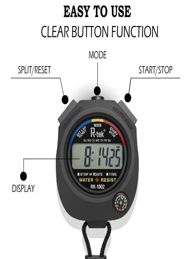 R-TEK Digital Stopwatch Timer for Sports & Training | Waterproof Electronic Stopwatch with Large LCD, Date Time Alarm & Lap Counter | Running Gym Coach Outdoor - Image 2