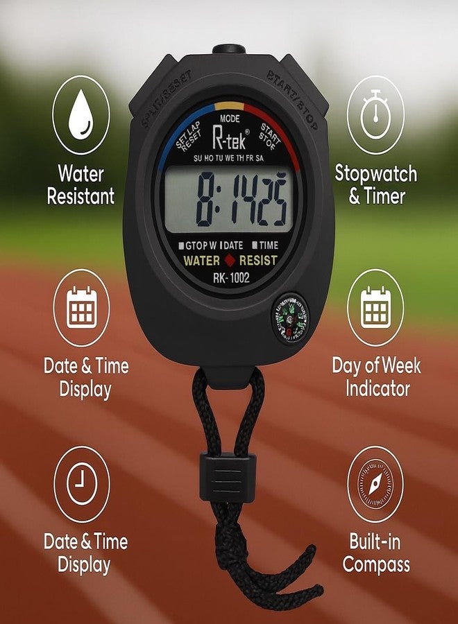 R-TEK Digital Stopwatch Timer for Sports & Training | Waterproof Electronic Stopwatch with Large LCD, Date Time Alarm & Lap Counter | Running Gym Coach Outdoor - Image 3