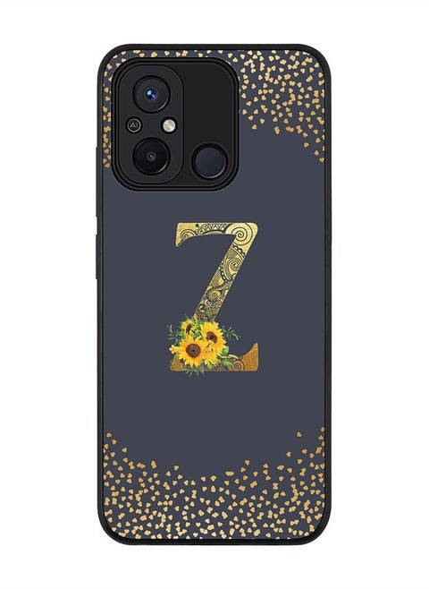 Rugged Black edge case for Xiaomi Redmi 12C 4G, Slim fit Soft Case Flexible Rubber Edges Anti Drop TPU Gel Thin Cover -  Custom Monogram Initial Letter Floral Pattern Alphabet - Z  (Grey )