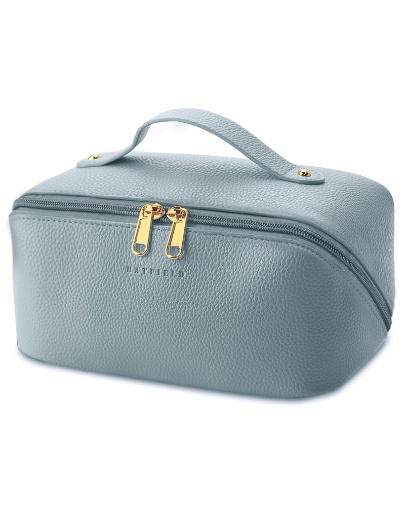 Batfield Cosmetic Bag For Women, Litchi Pu Leather Makeup Pouch, Large Capacity Travel Bag, Portable Makeup Kit Storage Bag With Handle & Divider, Blue, 12 cm - Image 1