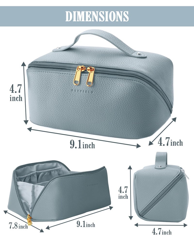 Batfield Cosmetic Bag For Women, Litchi Pu Leather Makeup Pouch, Large Capacity Travel Bag, Portable Makeup Kit Storage Bag With Handle & Divider, Blue, 12 cm - Image 2