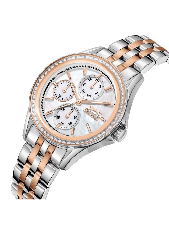 سلازنجر ساعة نسائية متعددة الوظائف بسوار معدني فضيذهبي وردي - Image 2