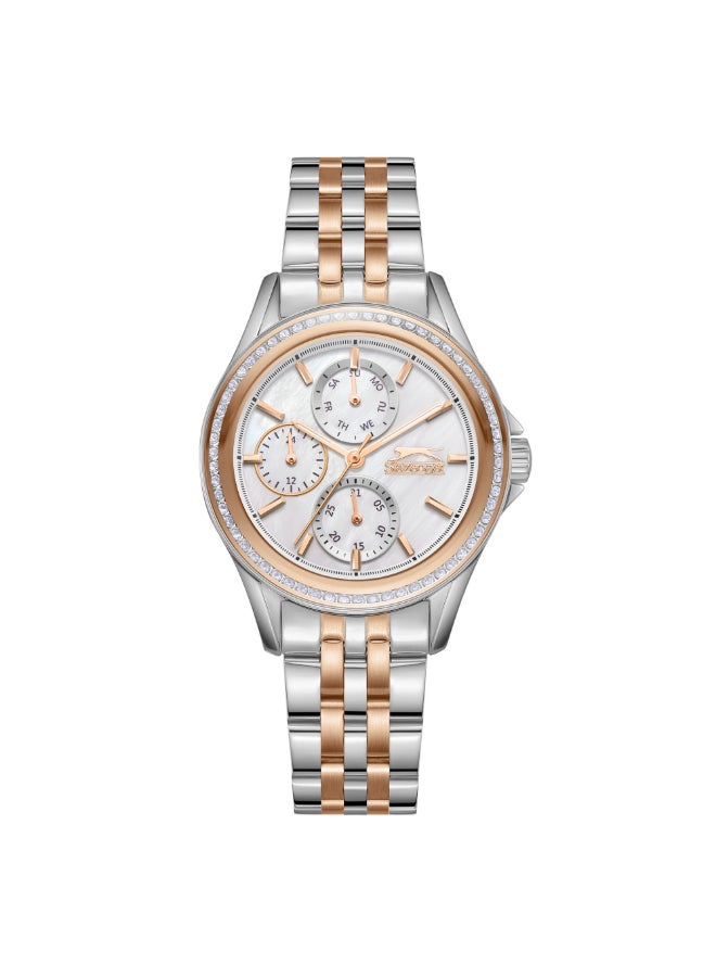 سلازنجر ساعة نسائية متعددة الوظائف بسوار معدني فضيذهبي وردي - Image 1