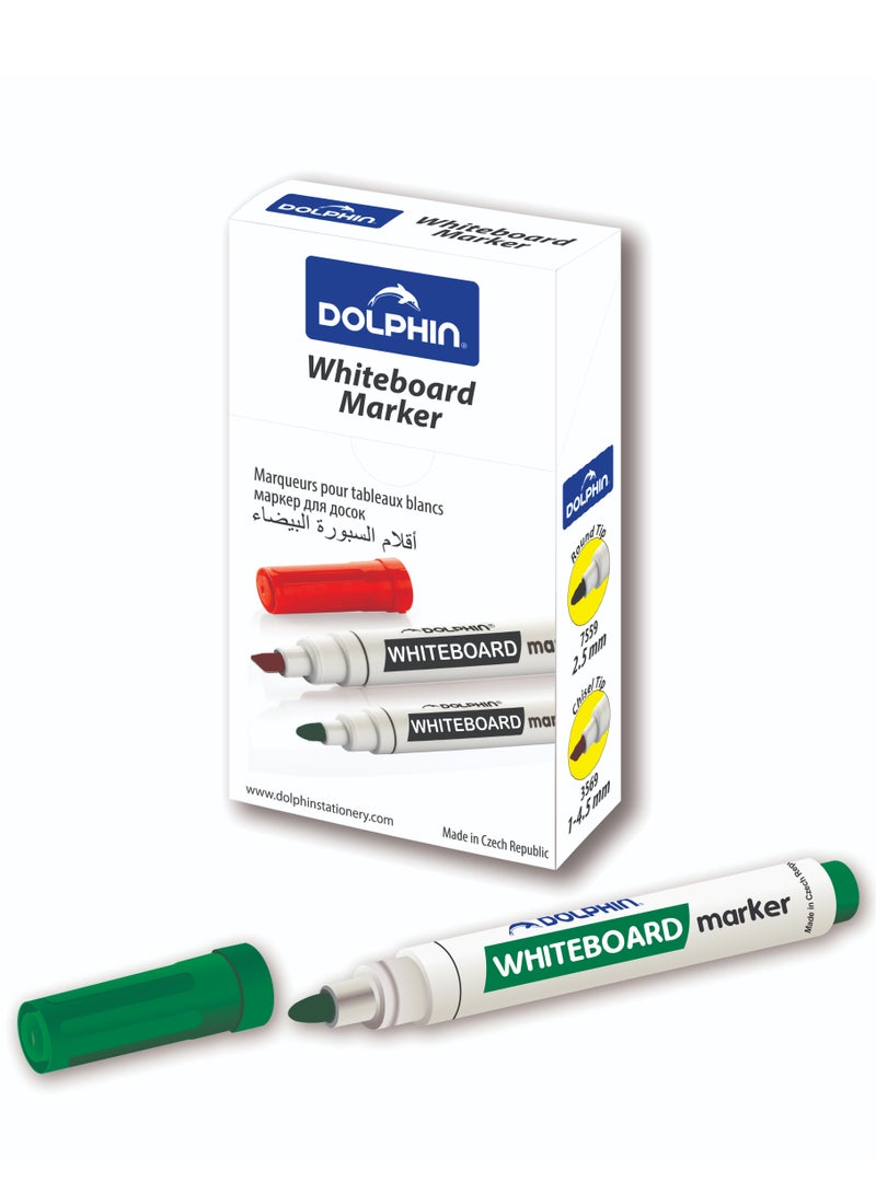 Dolphin Premium Whiteboard Marker Green Ink, 2.5 mm Round Tip, Pack of 10 - Image 1