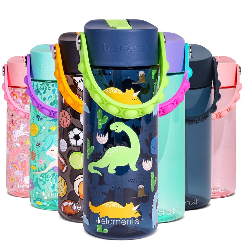 Elemental Water Bottles for Kids - Splash Kids Water Bottle for School with Pop-it Handle - BPA Free Tritan Plastic Water Bottle with Straw Leak Proof when Spout is Closed - Dinosaur- 18oz - Image 1