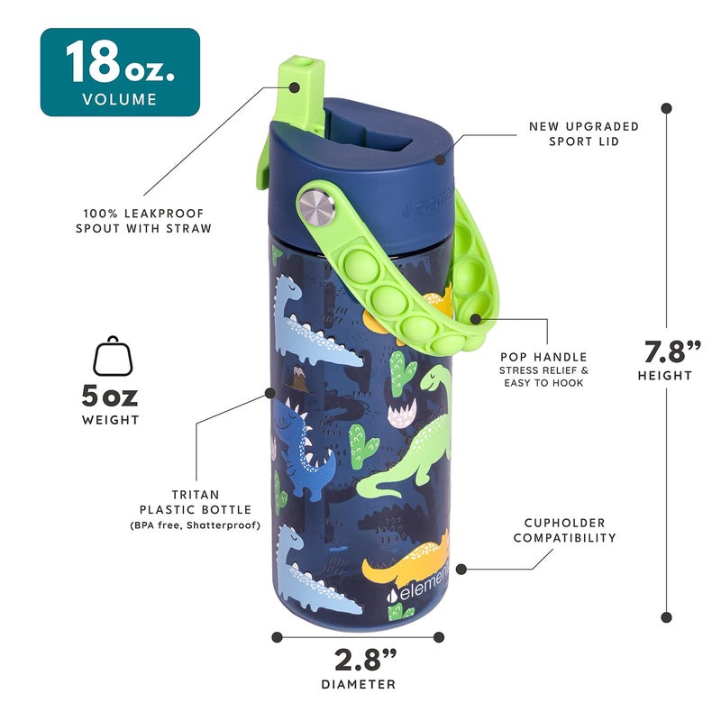 Elemental Water Bottles for Kids - Splash Kids Water Bottle for School with Pop-it Handle - BPA Free Tritan Plastic Water Bottle with Straw Leak Proof when Spout is Closed - Dinosaur- 18oz - Image 2
