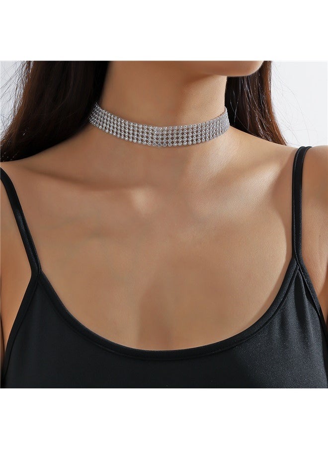 yongsheng Rhinestone Choker Necklace Wide Crystal Choker Necklace 5Row Diamond Collar Jewelry Silver Plated for Women  - Image 2