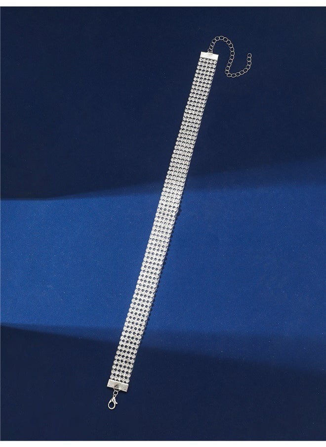 yongsheng Rhinestone Choker Necklace Wide Crystal Choker Necklace 5Row Diamond Collar Jewelry Silver Plated for Women  - Image 3