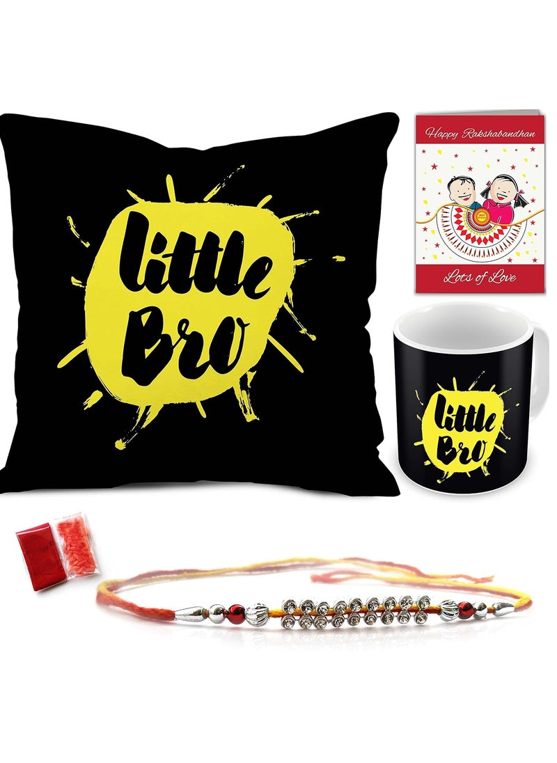 Indigifts Indigifts Rakhi Gift for Brother Lilttle Bro Quote Printed Gift Set of Cus 12"X12" with Filler, Mug 330 Ml, Crystal Rakhi, Roli & Greeting Card  - Image 1