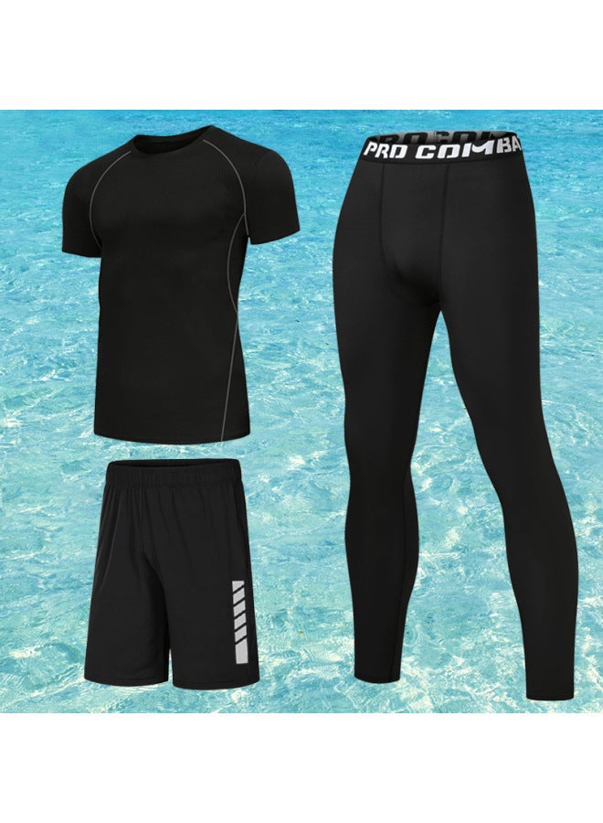 Men's Swimsuit Diving Suit Long Sleeve Trousers Full Body Equipment Jellyfish Suit Swimming Surfing Snorkeling Split Suit-Color:Gray Line Short Sleeves + Trousers + Shorts Come With Swimming Cap-