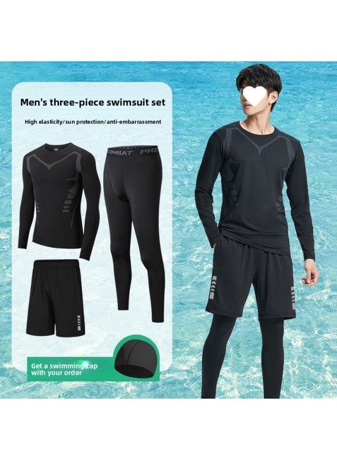 Men's Swimsuit Diving Suit Long Sleeve Trousers Full Body Equipment Jellyfish Suit Swimming Surfing Snorkeling Split Suit-Color:Gray Line Short Sleeves + Trousers + Shorts Come With Swimming Cap-