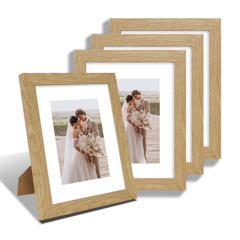 Hongkee 8x10 Picture Frame Set of 4  Made of Real Glass and Natural Oak Wooden Frame  8 by 10 Photo for Wall or Tabletop - Display Picture 5x7 with Mat or 8x10 Without Mat - Image 1