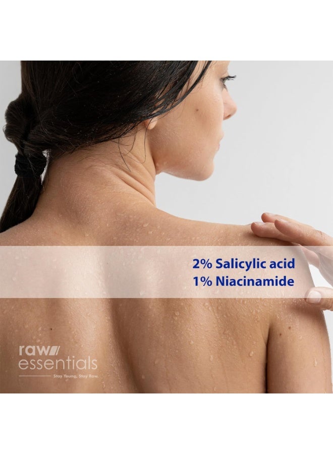 رو إسينشالز غسول الجسم Raw Essentials للتحكم في حب الشباب (Bacne Control) - يحتوي على 2% حمض الساليسيليك و1% نياسيناميد - سعة 100 مل (عبوة واحدة) - يخفف من حب الشباب في الجسم، ويقشر البشرة ويغذيها - خالٍ من SLS والبارابين - مناسب للرجال والنساء. - Image 4