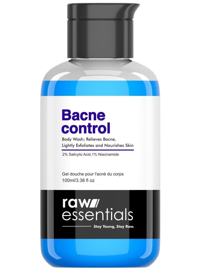 رو إسينشالز غسول الجسم Raw Essentials للتحكم في حب الشباب (Bacne Control) - يحتوي على 2% حمض الساليسيليك و1% نياسيناميد - سعة 100 مل (عبوة واحدة) - يخفف من حب الشباب في الجسم، ويقشر البشرة ويغذيها - خالٍ من SLS والبارابين - مناسب للرجال والنساء. - Image 1