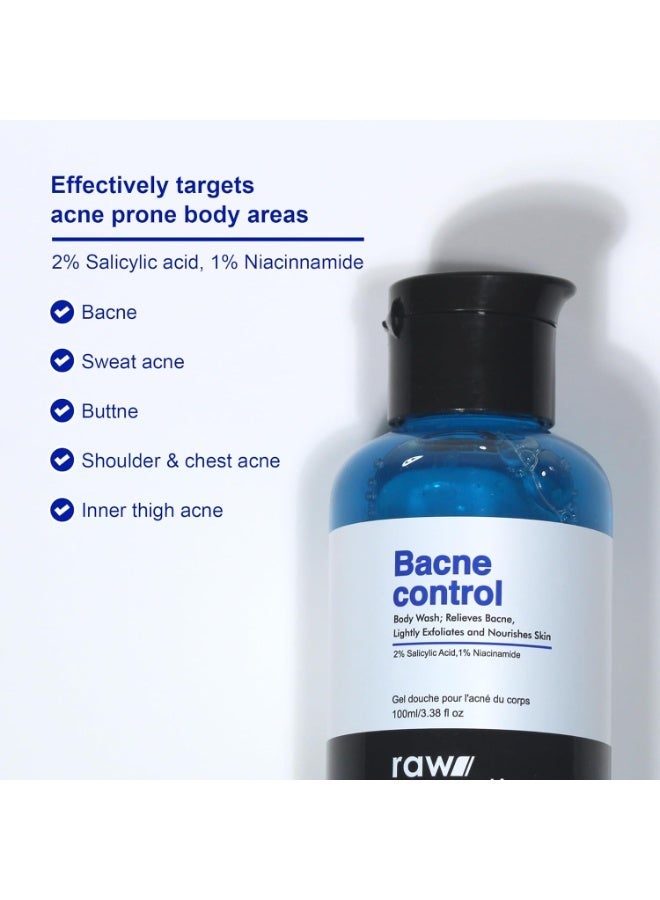 رو إسينشالز غسول الجسم Raw Essentials للتحكم في حب الشباب (Bacne Control) - يحتوي على 2% حمض الساليسيليك و1% نياسيناميد - سعة 100 مل (عبوة واحدة) - يخفف من حب الشباب في الجسم، ويقشر البشرة ويغذيها - خالٍ من SLS والبارابين - مناسب للرجال والنساء. - Image 2