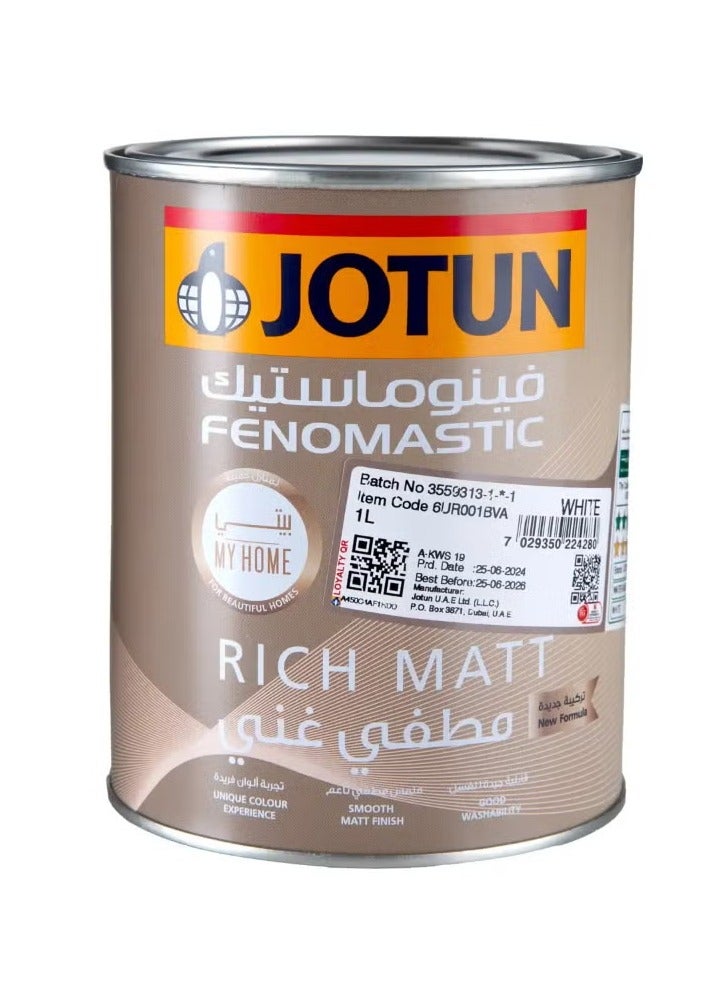 Jotun Fenomastic My Home Rich Matt (White) is a high-performance acrylic emulsion paint designed for interior walls and ceilings. It offers a rich matt finish with superior washability and excellent colour retention.  Ideal for residential interiors, it ensures smooth application, consistent coverage, and elegant wall aesthetics.