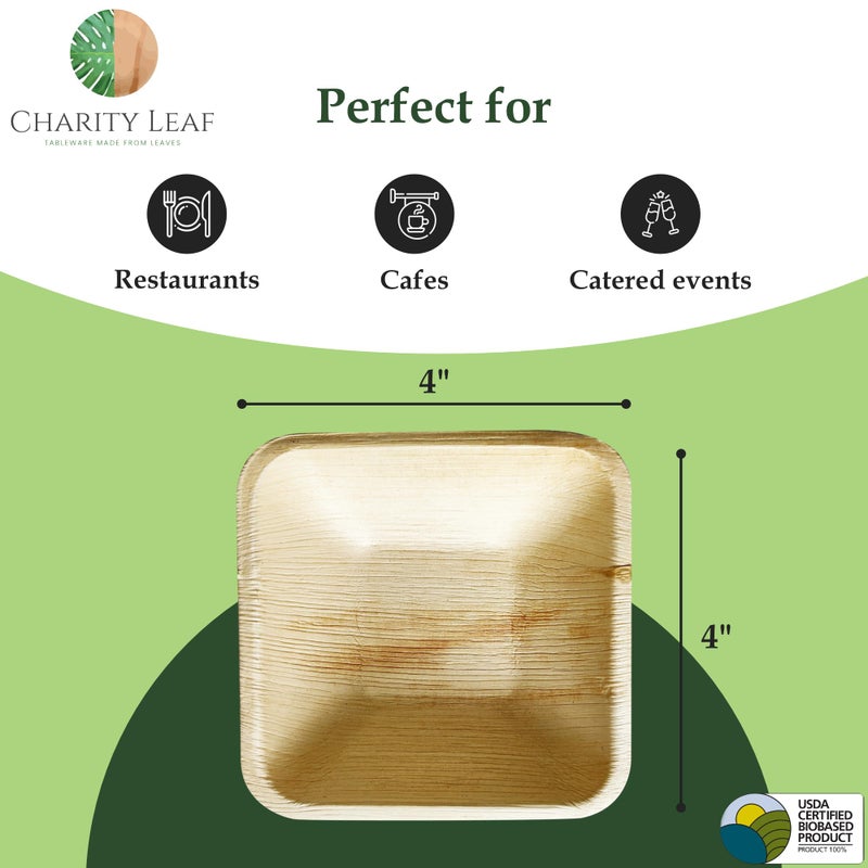 Charity Leaf Disposable Palm Leaf 4"" Square Bowl (50 pcs) Dipping Bowls | Bamboo Like| All Natural and Biodegradable | Charcuterie Boards  BBQs  and Parties - Image 3