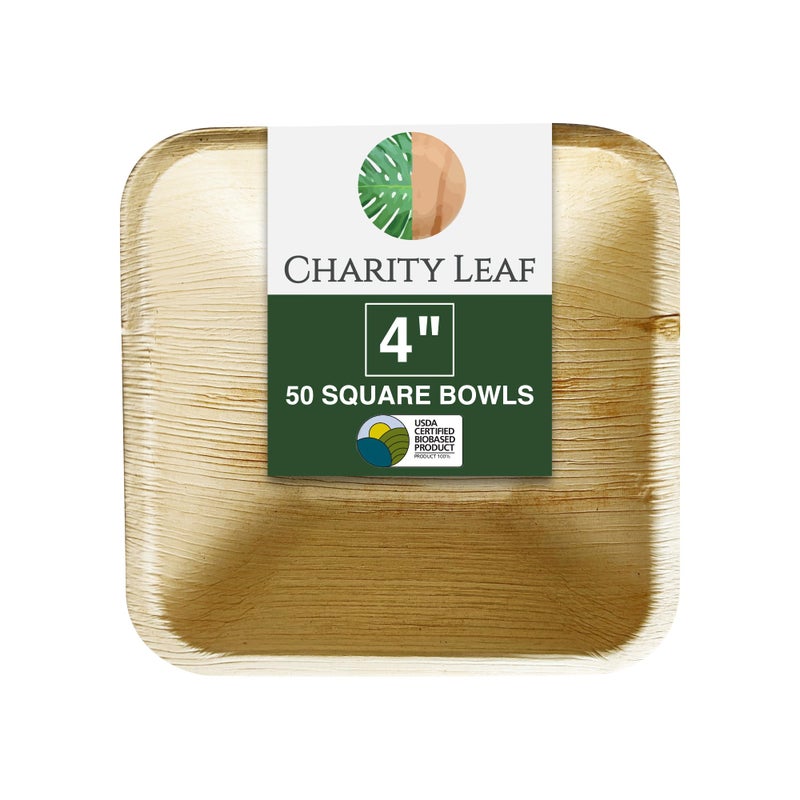 Charity Leaf Disposable Palm Leaf 4"" Square Bowl (50 pcs) Dipping Bowls | Bamboo Like| All Natural and Biodegradable | Charcuterie Boards  BBQs  and Parties - Image 1