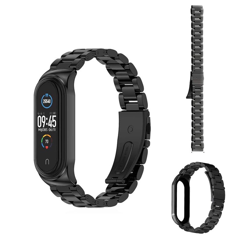 ELECDON Stylish Black Stainless Steel Metal Watch Strap Compatible with Xiaomi Band 6/5/4/3 – Durable Smartwatch Replacement Band - Image 1