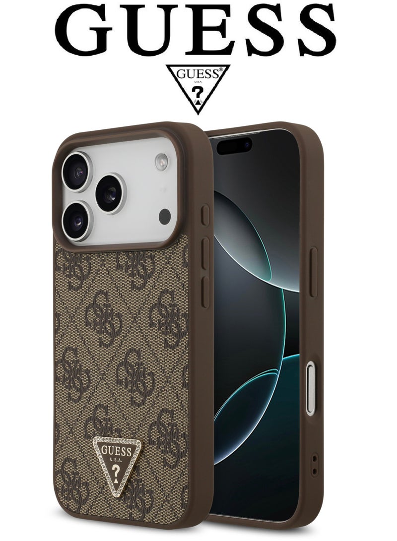 CG MOBILE Luxury embossed leather iPhone 17 Pro case with strap. MagSafe wireless charging iPhone cover iphone 17 pro. Shockproof, durable back protection iphone 17 pro max back cover. French-designed, elegant iphone 17 pro cover, certified in partnership with GUESS and CG MOBILE. Brown phone case. - Image 2