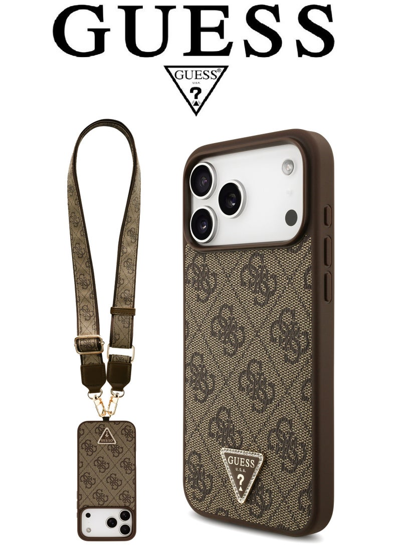 CG MOBILE Luxury embossed leather iPhone 17 Pro case with strap. MagSafe wireless charging iPhone cover iphone 17 pro. Shockproof, durable back protection iphone 17 pro max back cover. French-designed, elegant iphone 17 pro cover, certified in partnership with GUESS and CG MOBILE. Brown phone case. - Image 1