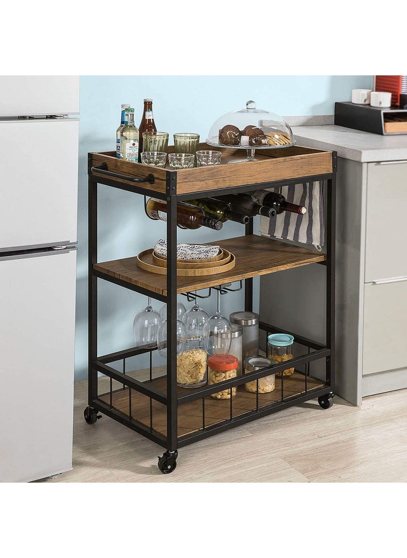 INDIDECOR INDIDECOR 45932 Classic Style MDF Wood Metal 3 Tiers Kitchen Serving Trolley with Wine Rack Black  - Image 3