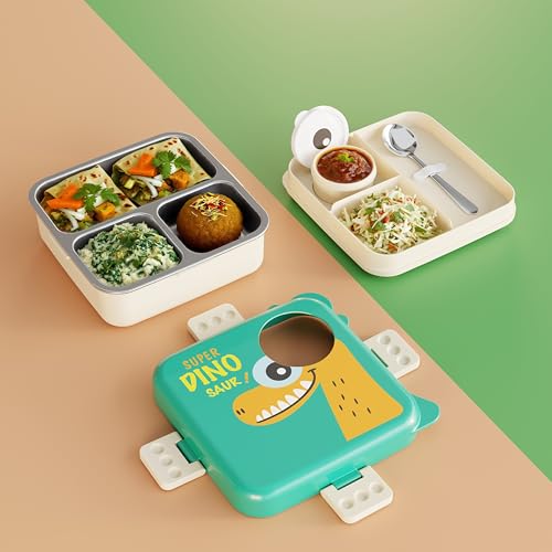 Clazkit صندوق غداء بتصميم ديناصور ثلاثي الأقسام من كلزكيت - صندوق بنتو مقاوم للتسرب وخالي من BPA مع صينية فولاذية، ملعقة وحاوية للمدرسة، المكتب، والسفر - 1120 مل + 70 مل، أخضر - Image 5