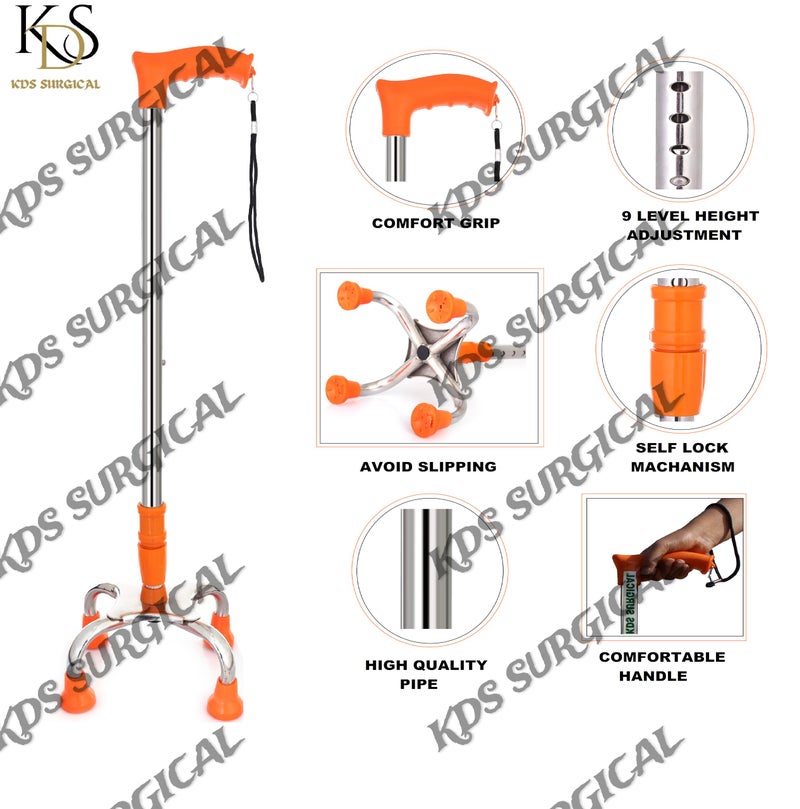 kds surgical 4 Leg Chrome Height Adjustable Men/Women/Old People Patient Walking Stick - Dori Orange - Image 3