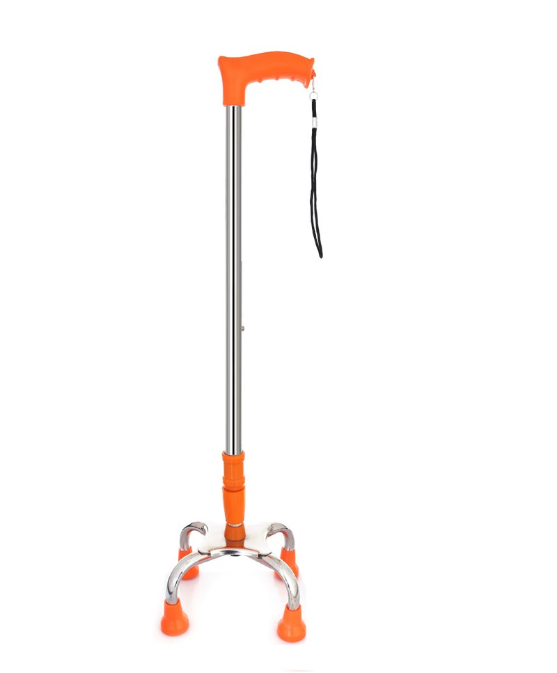 kds surgical 4 Leg Chrome Height Adjustable Men/Women/Old People Patient Walking Stick - Dori Orange - Image 1