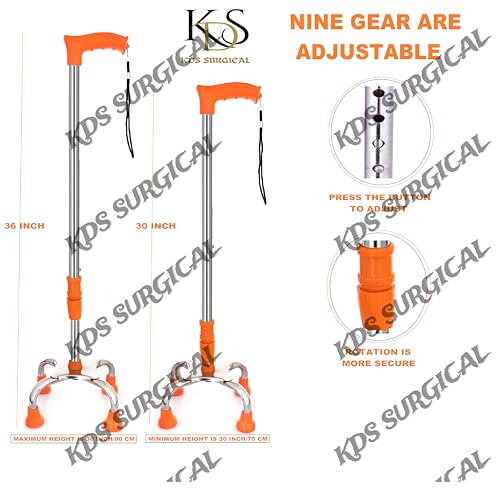 kds surgical 4 Leg Chrome Height Adjustable Men/Women/Old People Patient Walking Stick - Dori Orange - Image 4