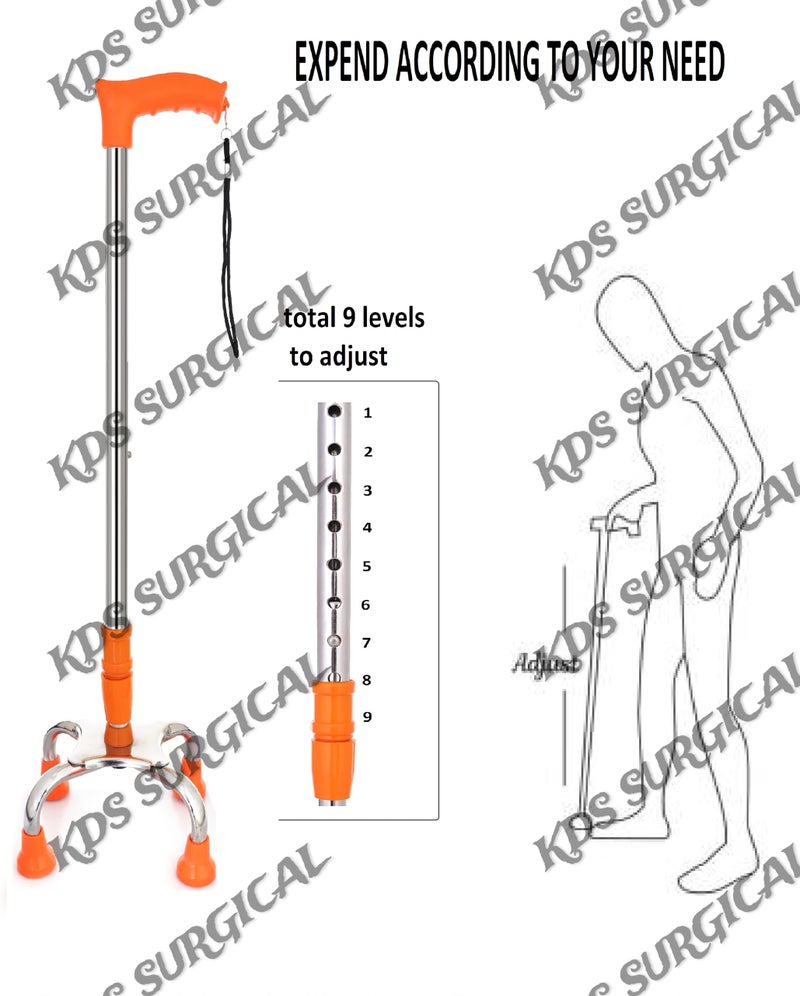 kds surgical 4 Leg Chrome Height Adjustable Men/Women/Old People Patient Walking Stick - Dori Orange - Image 5