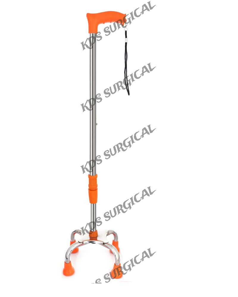 kds surgical 4 Leg Chrome Height Adjustable Men/Women/Old People Patient Walking Stick - Dori Orange - Image 2