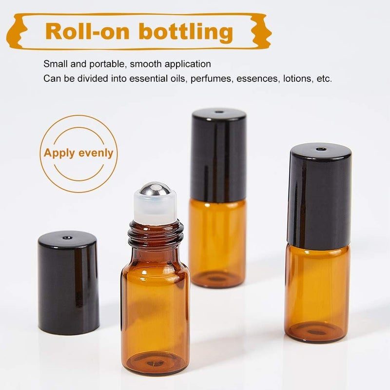 BENECREAT 30 Pack Amber Glass Bottle 3ml with Black Cap Mini Brown Essential Oil Roll on Bottle with Hoppers, Coin Opener, Dropper and Sticker Sheet - Image 5