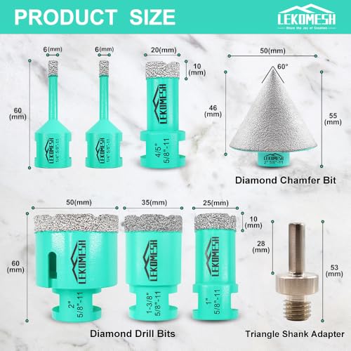 LEKOMESH Diamond Core Drill Bits Set 8pcs Tile Hole Saw Kit for Porcelain Tile Ceramic Marble Brick Concrete with 5/8-11 Thread(6/6/20/25/35/50mm+50mm Beveling Chamfer Bit+Triangle Shank Adapter) - Image 2