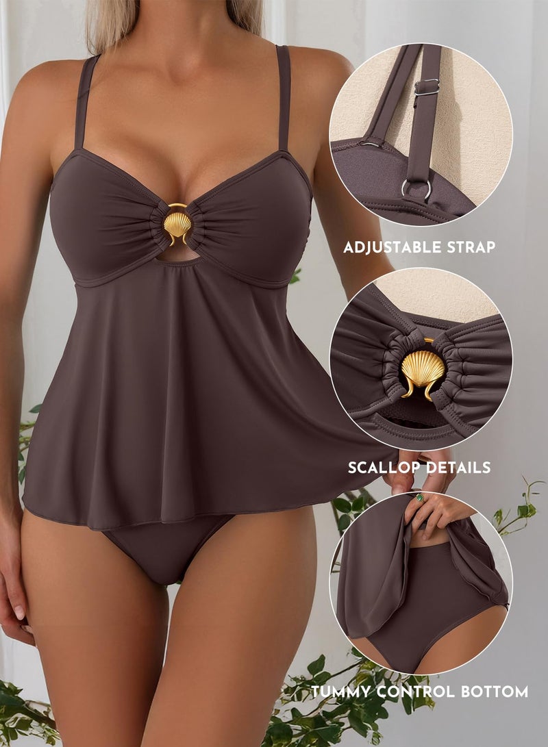 Aleumdr Slimming Swimsuits for Women High Waisted Tummy Control Tankini Set Push Up Two Piece Bathing Suit Coffee Medium - Image 5