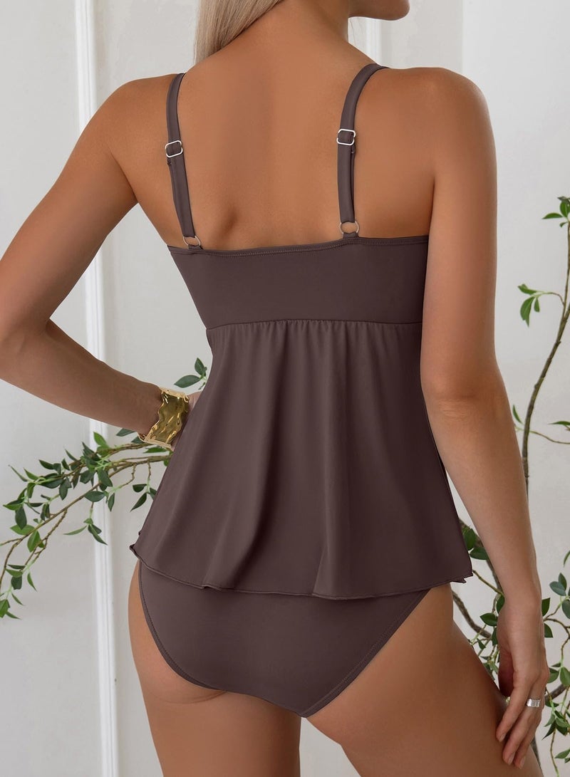 Aleumdr Slimming Swimsuits for Women High Waisted Tummy Control Tankini Set Push Up Two Piece Bathing Suit Coffee Medium - Image 3