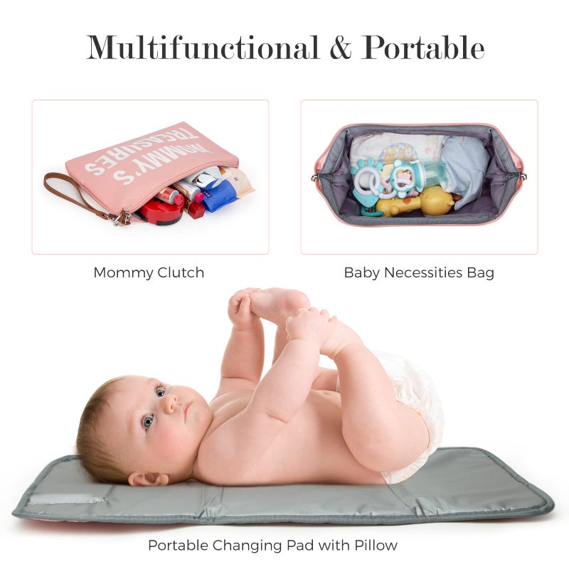 printe Large Diaper Bag Tote with Changing Pad, 2 Organized Pouches, Mom's Bag for Hospital with Pacifier Case, Straps, Stroller Hook, Hospital Weekender Travel Pink Baby Diaper Tote Bag - Image 5