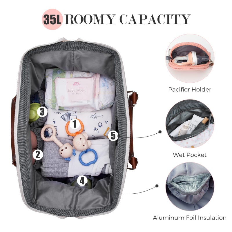 printe Large Diaper Bag Tote with Changing Pad, 2 Organized Pouches, Mom's Bag for Hospital with Pacifier Case, Straps, Stroller Hook, Hospital Weekender Travel Pink Baby Diaper Tote Bag - Image 4